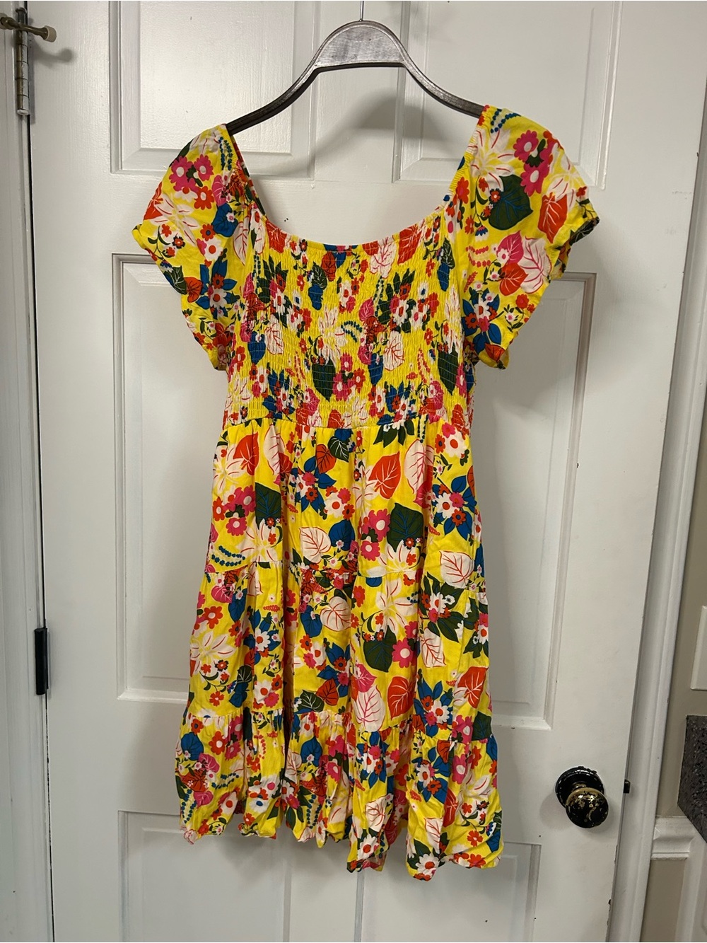 Yellow Floral Smocked Mini Dress with Flutter Sleeves